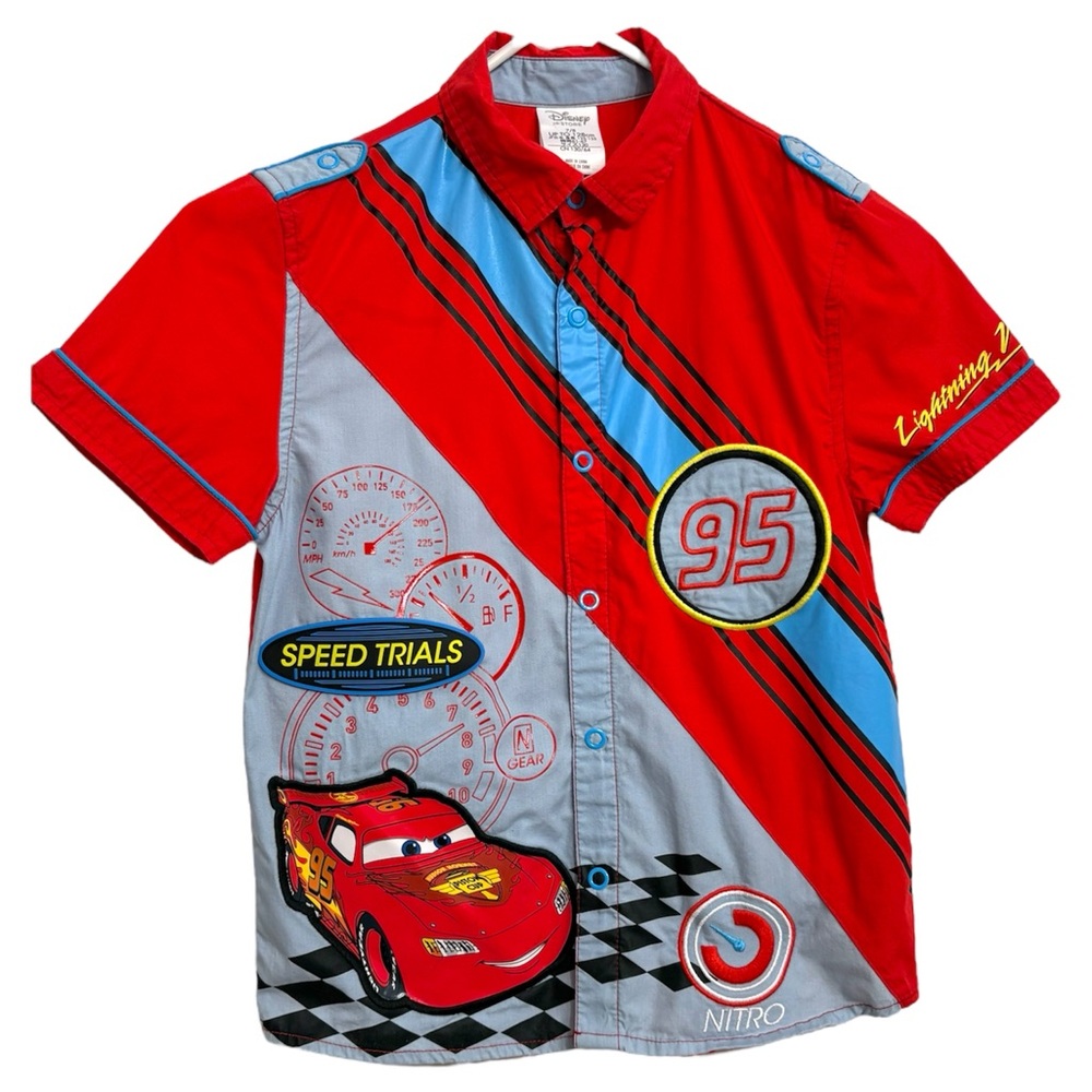 NWOT Authentic Disney Store Cars Lightning McQueen Snap Down Shirt Size 7/8